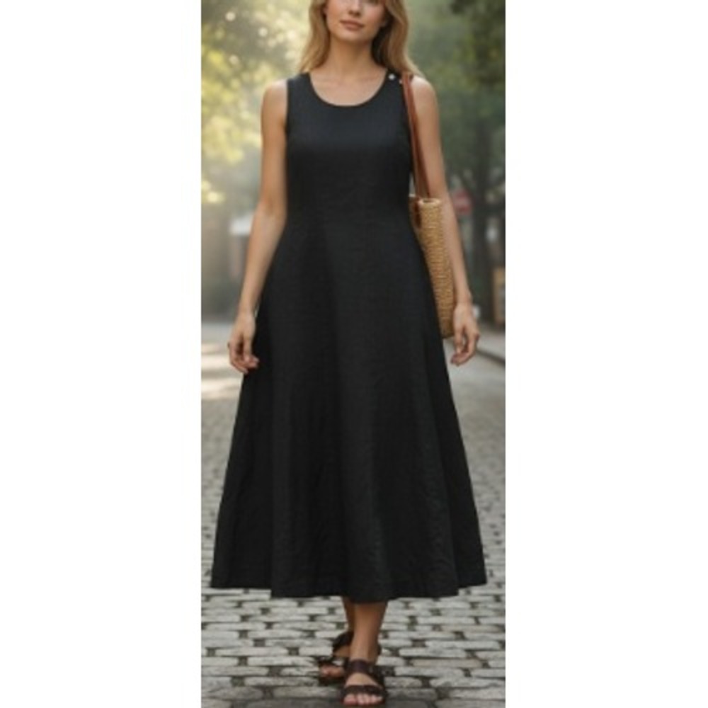 Vintage Black 100% Linen Sleeveless A-Line Maxi Dress Size 4 Princess Seams 90s‎